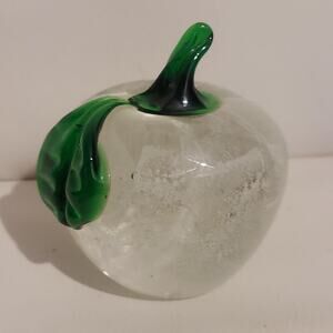 Clear Hand Blown 3" Art Bubble Glass Apple Paperweight Green Applied Stem & Leaf